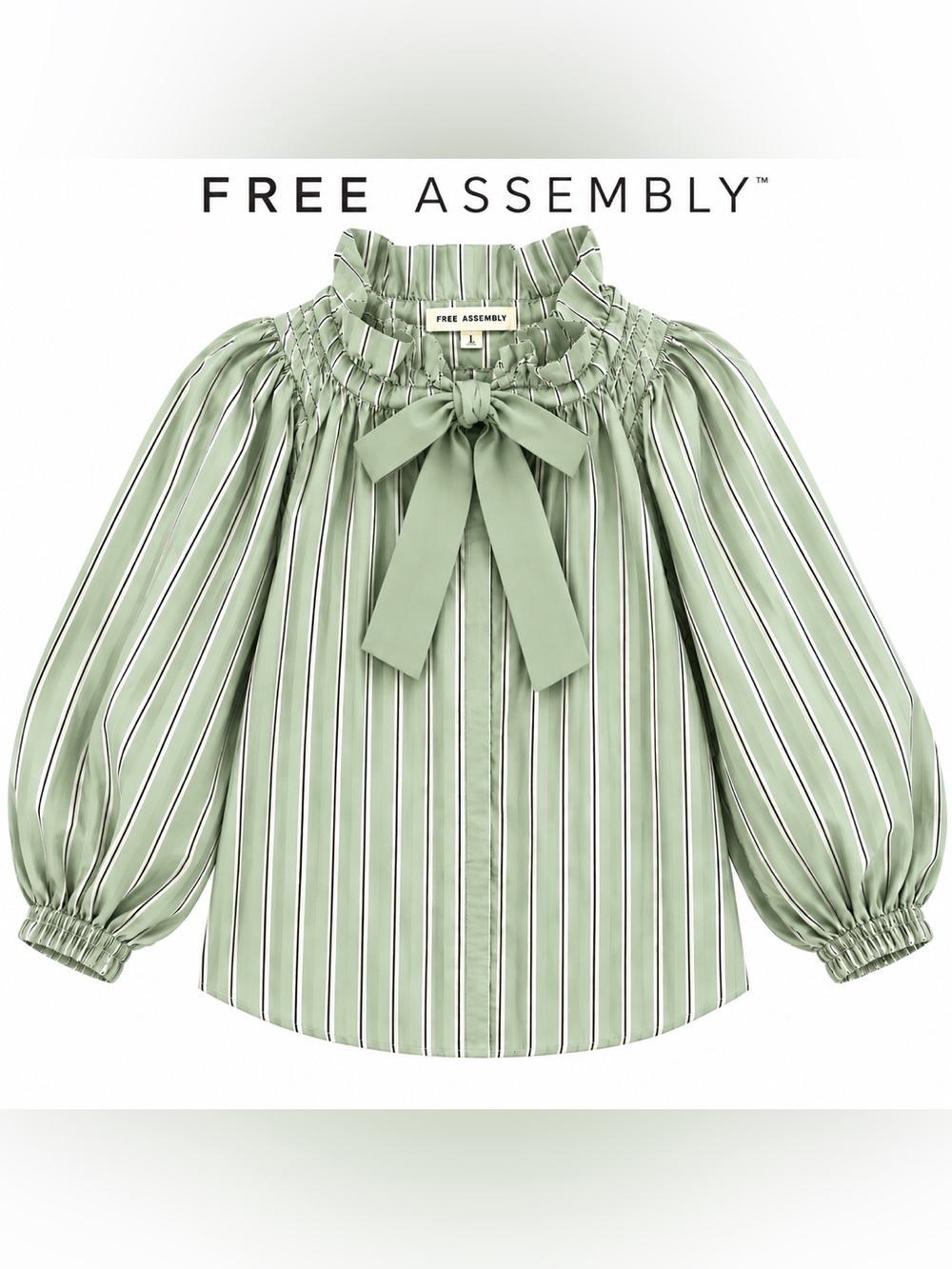Free Assembly Ruffle Neck Tie Front Blouse Green & White Large NWT